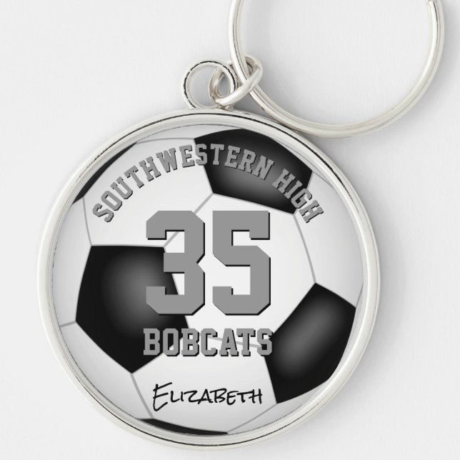 black white team player name girls boys soccer keychain (Front)
