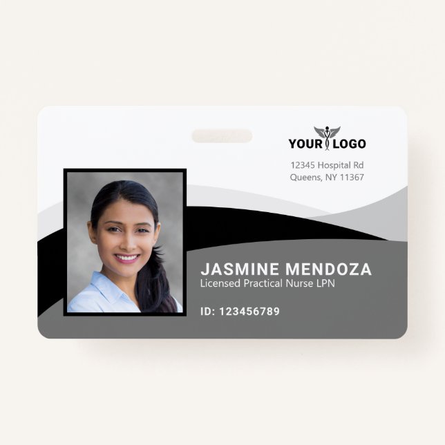 Black White Template Business Logo Photo Name ID Badge (Front)