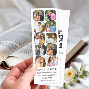Black, white ten photos and QR code Save the Date Bookmarks