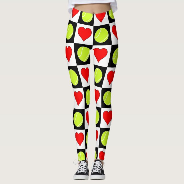 Black & White Tennis Ball & Heart Checker Pattern Leggings (Front)