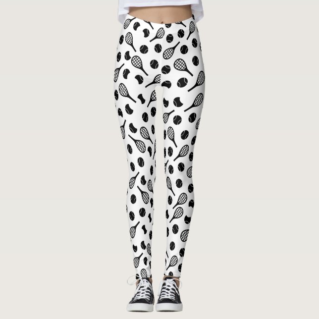 Black White Tennis Ball Racket Simple Classy Girl Leggings (Front)