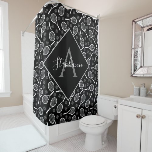 Black  White Tennis Pattern Initial Name Elegant Shower Curtain