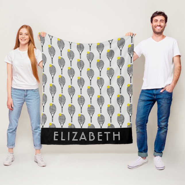 Black | White Tennis Personalized Name or Monogram Fleece Blanket (In Situ)