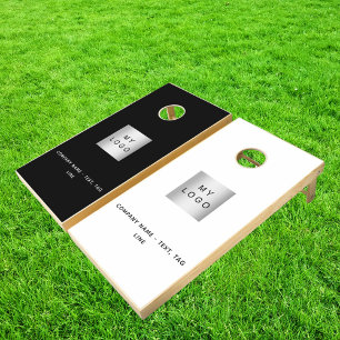 Black white text business logo cornhole set
