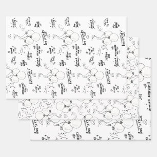 Black White Text Doodle Balloon Happy Birthday Wrapping Paper Sheets