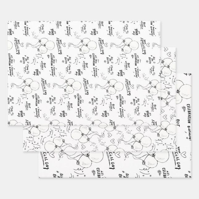 Black White Text Doodle Balloon Happy Birthday Wrapping Paper Sheets (Set)