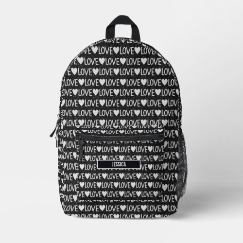 Black White Text Love Monogram Name Printed Backpack