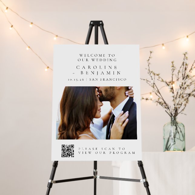 Black White Text Wedding Photo Program QR Code  Foam Board (In Situ (Stand))