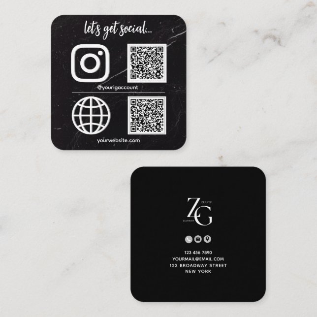 Black | White Texture Social Media QR Code  Square Business Card (Front/Back)