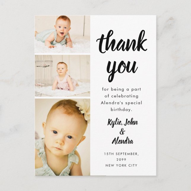 Black & White Thank You Baby Birthday Photo Postcard (Front)