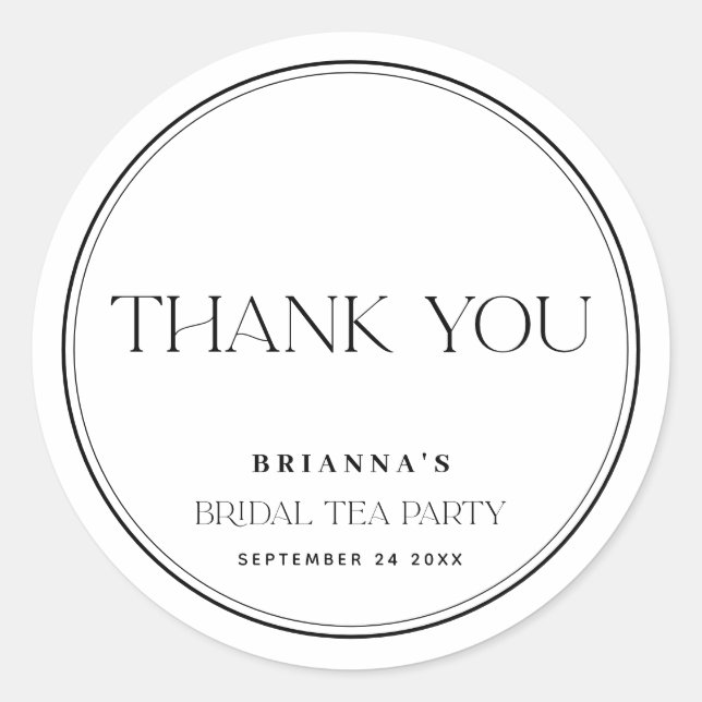 Black & White Thank You Bridal Tea Party Classic Round Sticker (Front)