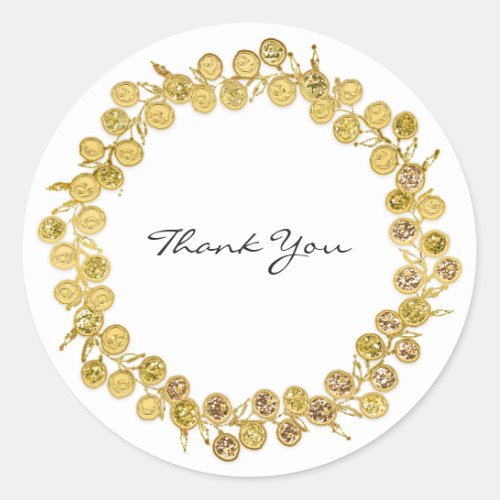 Black White Thank You Monogram Golden Wreath  Classic Round Sticker