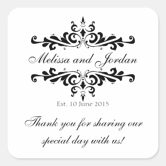 Black White Thank You Sticker for Wedding Favors (Front)