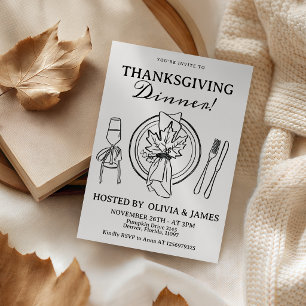 Black White Thanksgiving Table Line Art Invite