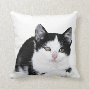 Black White Thoughtful Kitten Throw Pillow