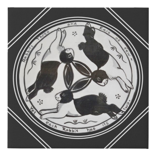 Black & White Three Hares Dutch Rabbits Geometric Faux Canvas Print (Front)