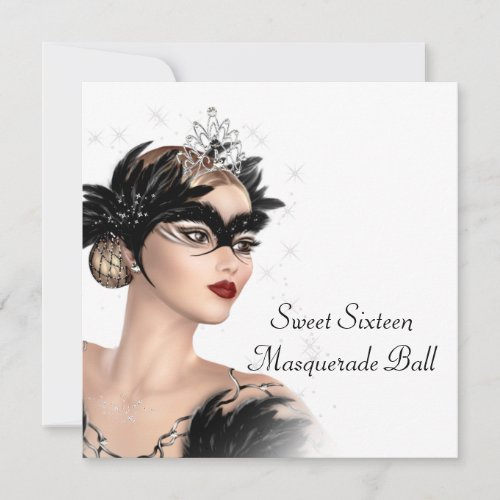 Black White Tiara Mask Sweet 16  Masquerade Party Custom Invites