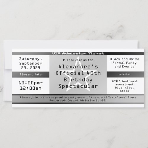 BlackWhite Ticket Style Invitation or Ticket