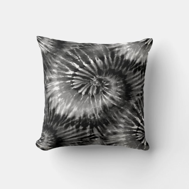 Black & White Tie Dye Starburst Spiral Retro Throw Pillow (Front)