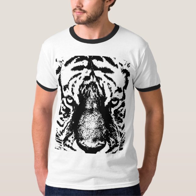 Black White Tiger Face Pop Art Mens Modern Ringer T-Shirt (Front)