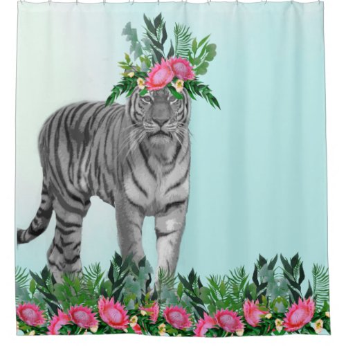 Black White Tiger Floral Blue Chic Modern Shower Curtain