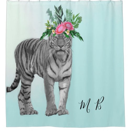 Black White Tiger Floral Blue Chic Monogram Shower Curtain