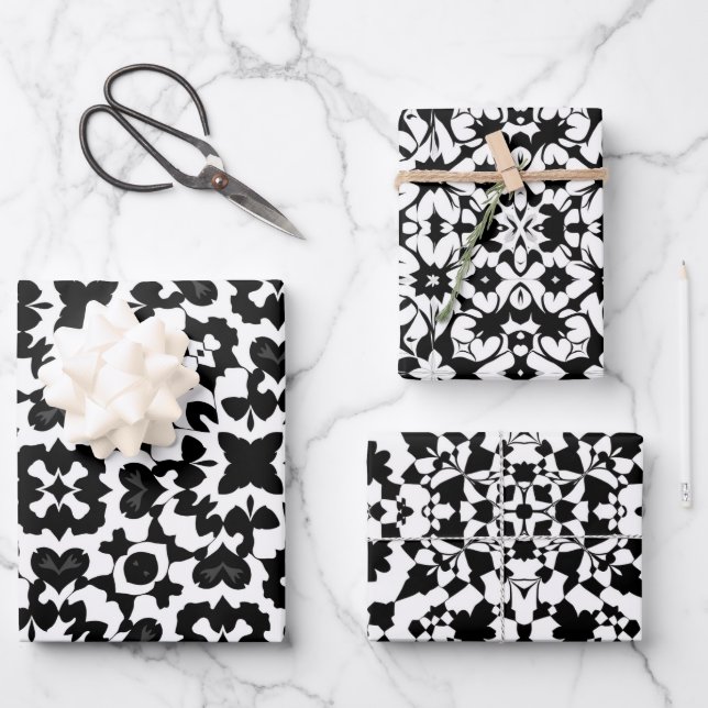 Black & White Tile Pattern Set 1 Wrapping Paper Sheets (Front)
