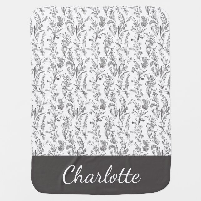 Black White Toile Floral Custom Name Baby Blanket (Front)