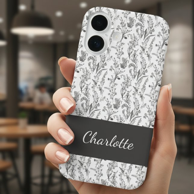 Black White Toile Floral Custom Name Case-Mate iPhone Case (black and white minimalist toile pattern iphone case with custom name for gift for her)