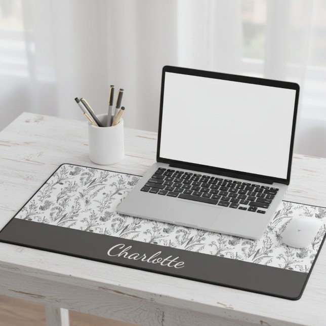 Black White Toile Floral Custom Name Desk Mat (black and white toile floral custom name desk mat for gift for her mom woman)