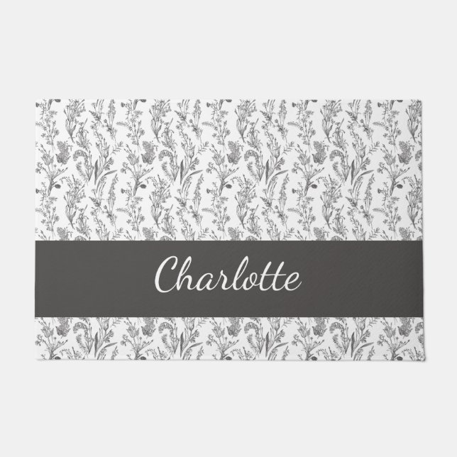Black White Toile Floral Custom Name Doormat (Front)