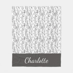 Black White Toile Floral Custom Name Fleece Blanket
