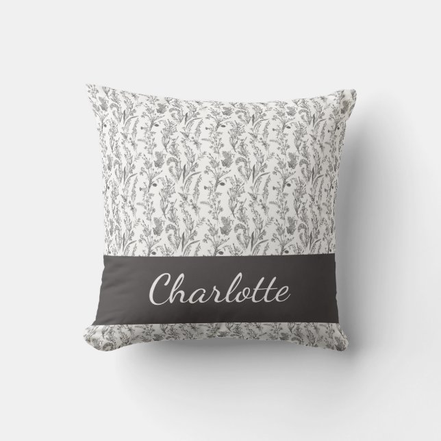 Black White Toile Floral Custom Name Throw Pillow (Front)