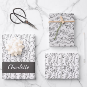 Black White Toile Floral Custom Name Wrapping Paper Sheets