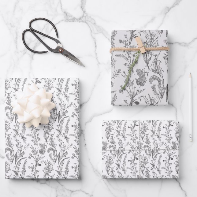 Black White Toile Floral Elegant Wrapping Paper Sheets (Front)