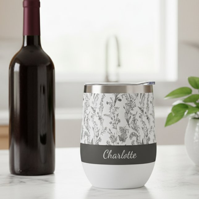 Black White Toile Floral Pattern Custom Name Thermal Wine Tumbler (black and white minimalist toile pattern stemless wine tumbler with custom name for gift for her)