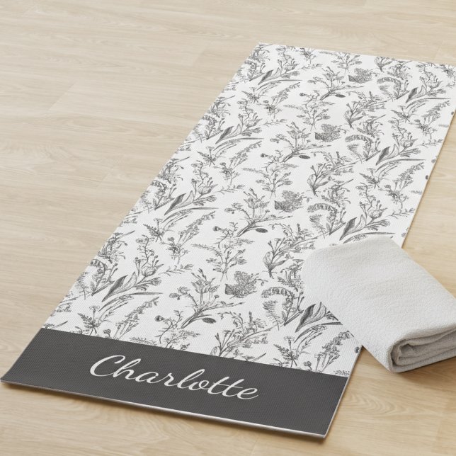 Black White Toile Floral Pattern Custom Name Yoga Mat (black and white minimalist toile pattern stemless yoga mat with custom name for gift for her)