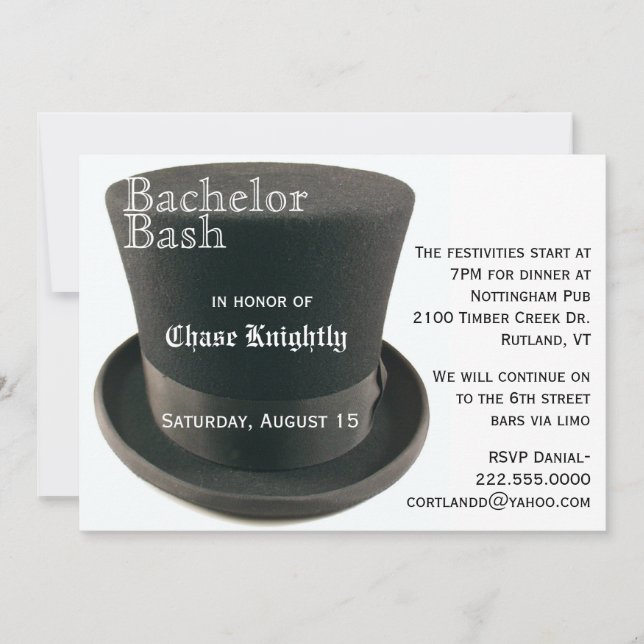Black & White Top Hat Bachelor Party Invitation (Front)