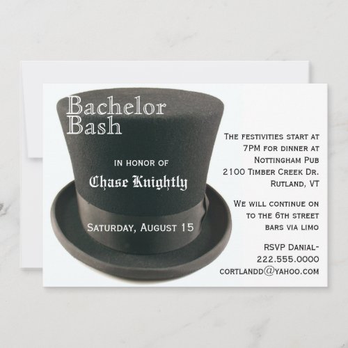 Black  White Top Hat Bachelor Party Invitation