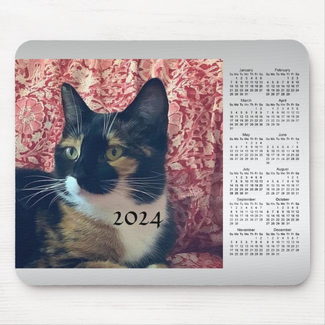 Black White Tortie Cat 2024 Calendar Mousepad