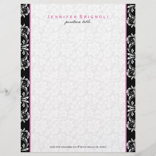 Black White Touch Of Pink Floral Damasks Letterhead (Front)