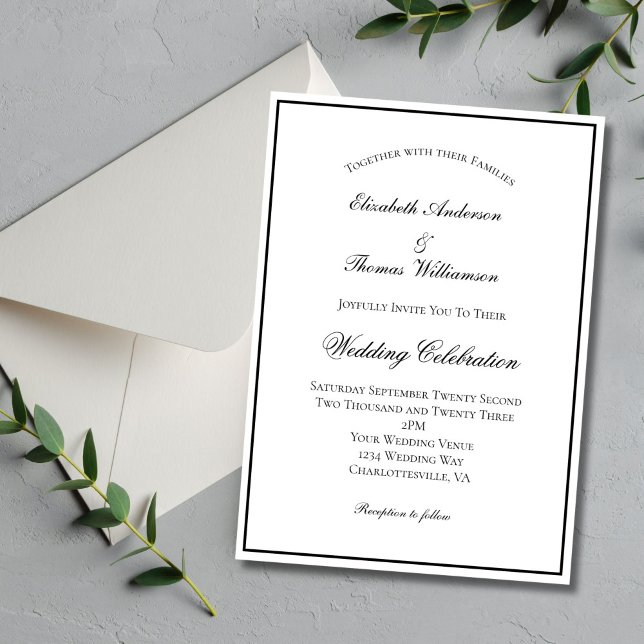 Black White Traditional Classic Formal Wedding Invitation (Black White Classic Formal Elegant Wedding invitation with Black border. Digital or Printed.)