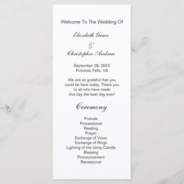 Black White Traditional Classic Wedding Program (Front)