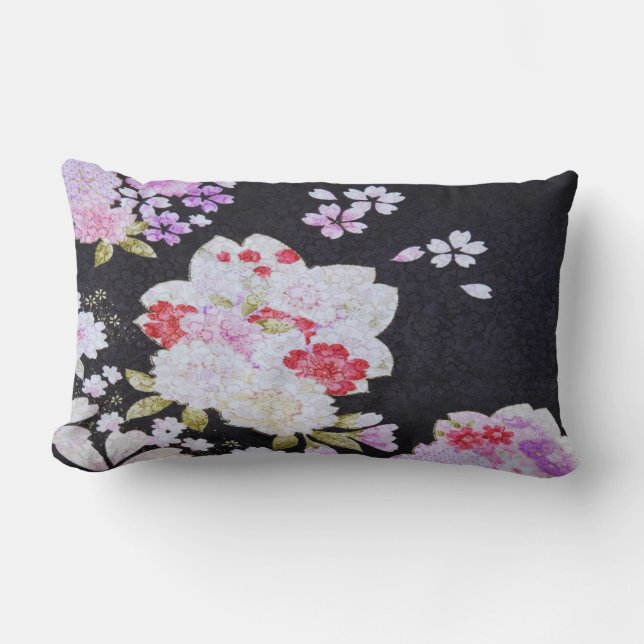 Black White Traditional Japanese Floral Flowers Lumbar Pillow (Front)