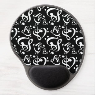 Black White Treble Clef Heart Music Notes Pattern Gel Mouse Pad