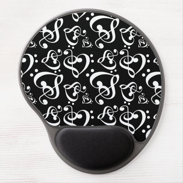 Black White Treble Clef Heart Music Notes Pattern Gel Mouse Pad (Front)