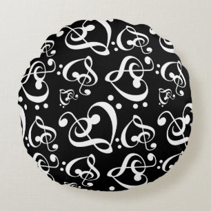Black White Treble Clef Heart Music Notes Pattern Round Pillow