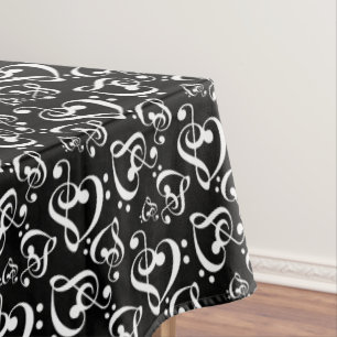 Black White Treble Clef Heart Music Notes Pattern Tablecloth