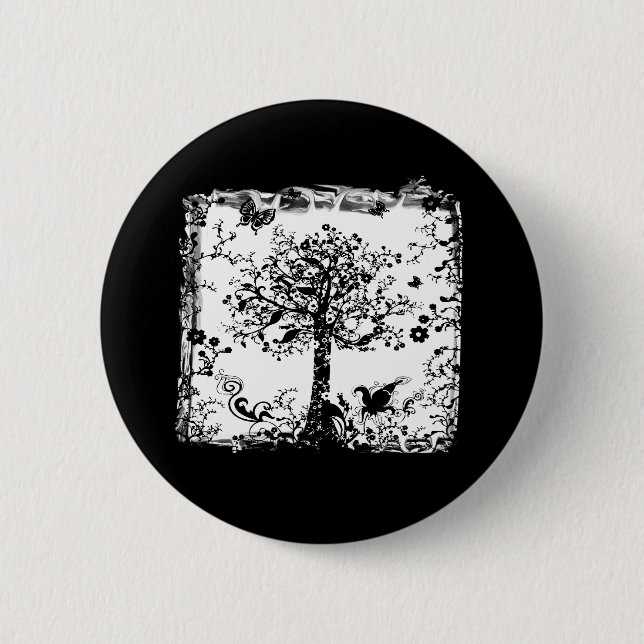 Black & White Tree Butterfly Silhouette Button (Front)