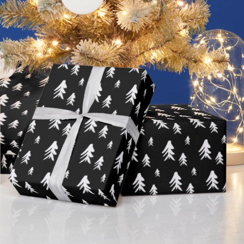 Black white trees  illustration christmas pattern wrapping paper